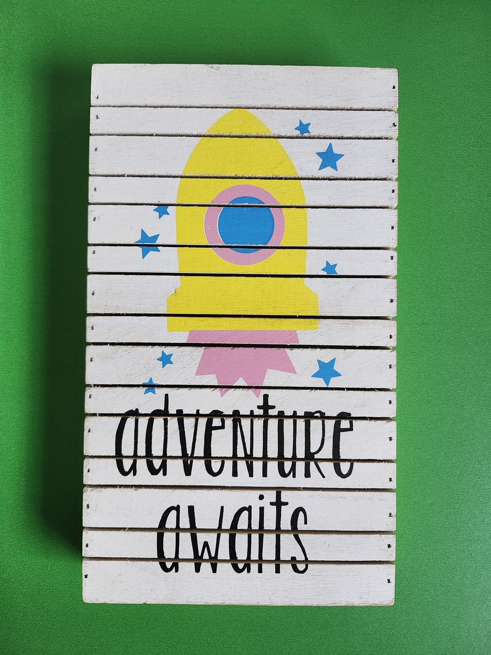 Adventure Awaits Rocket Wall Plaque - Yellow Pink Blue